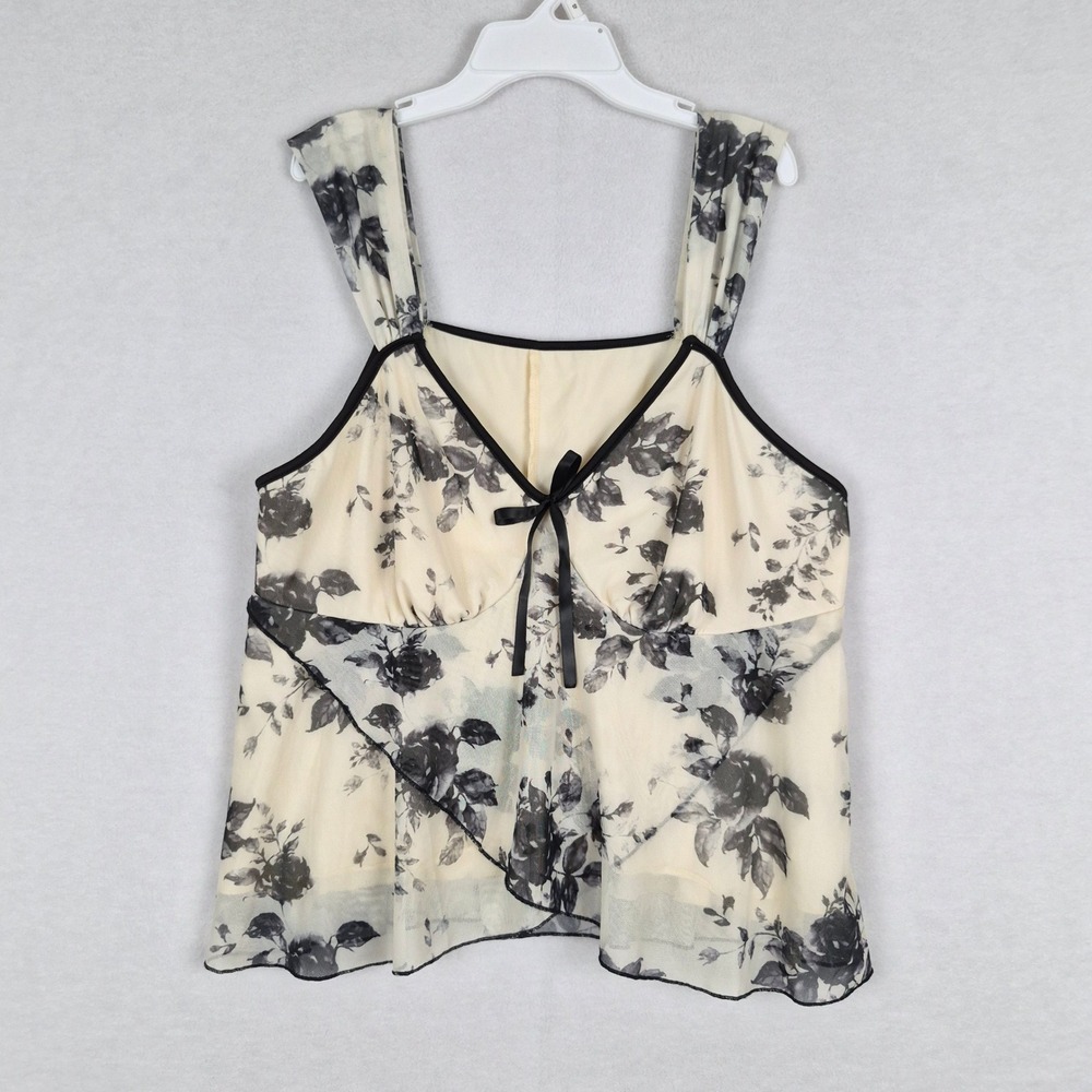 Y2k Romantic Floral Sleeveless Cami Top Size 1X-2X Black White V-Neck Whimsigoth